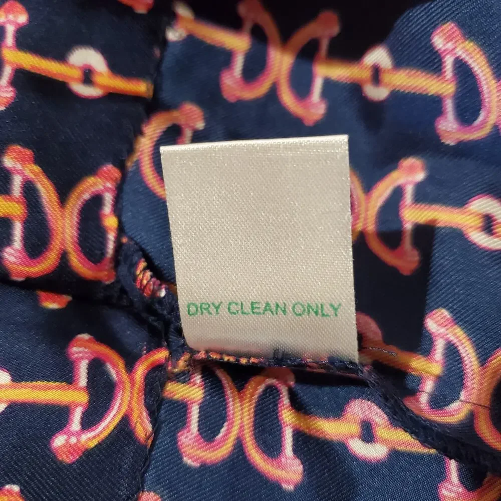 Lilly Pulitzer Lil Bit Equestrian Print Silk Ruffle Blouse Sz 14 Blue Pink Horse